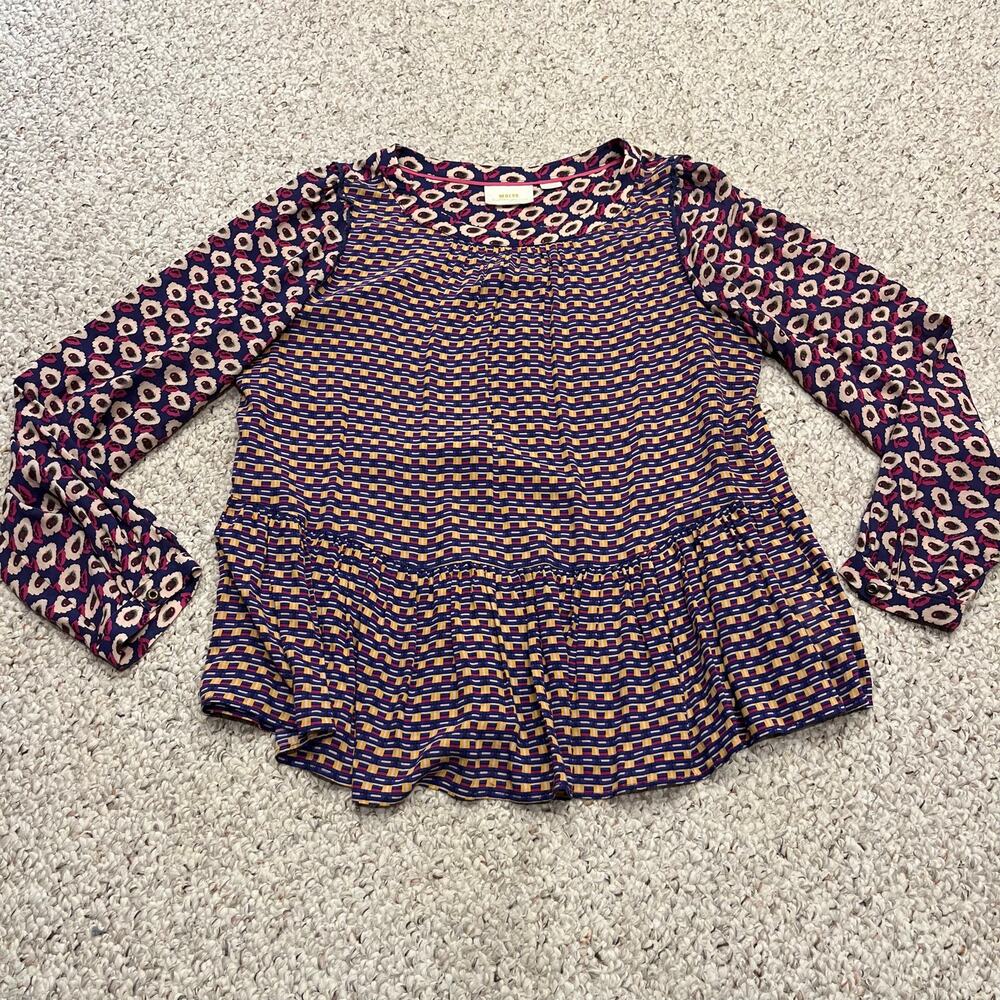 Maeve Anthropologie Cheyenna Peplum Blouse L Geometric Casual Feminine Preppy